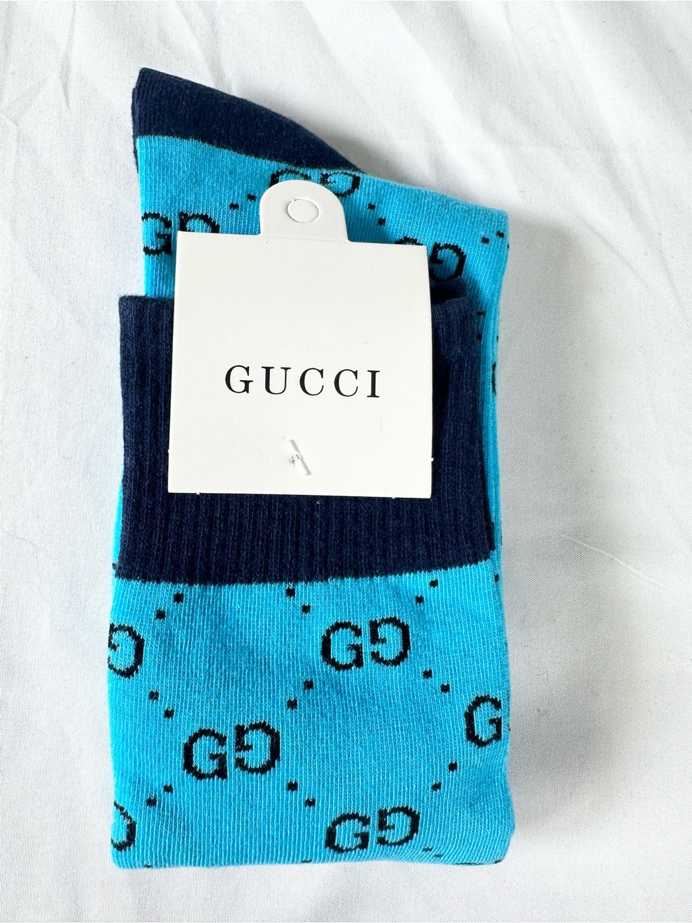 Fashion Luxury Turquoise /Navy GG Pattern Crew Socks “17 cuff to toe (Unisex)